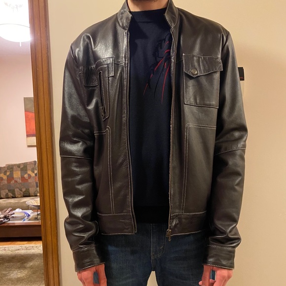 Men’s Brown Leather Moto Jacket - Picture 3 of 9